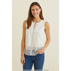 ELIE TAHARI BLOUSE S WHITE EMBROIDERY LACE SPLIT NECK SUMMER CHIC DRESSY